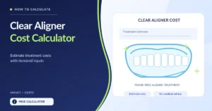 Clear dental aligners with estimated treatment cost factors including insurance and payment options