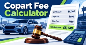 Car auction fee estimator showing bid amount buyer fee and additional costs
